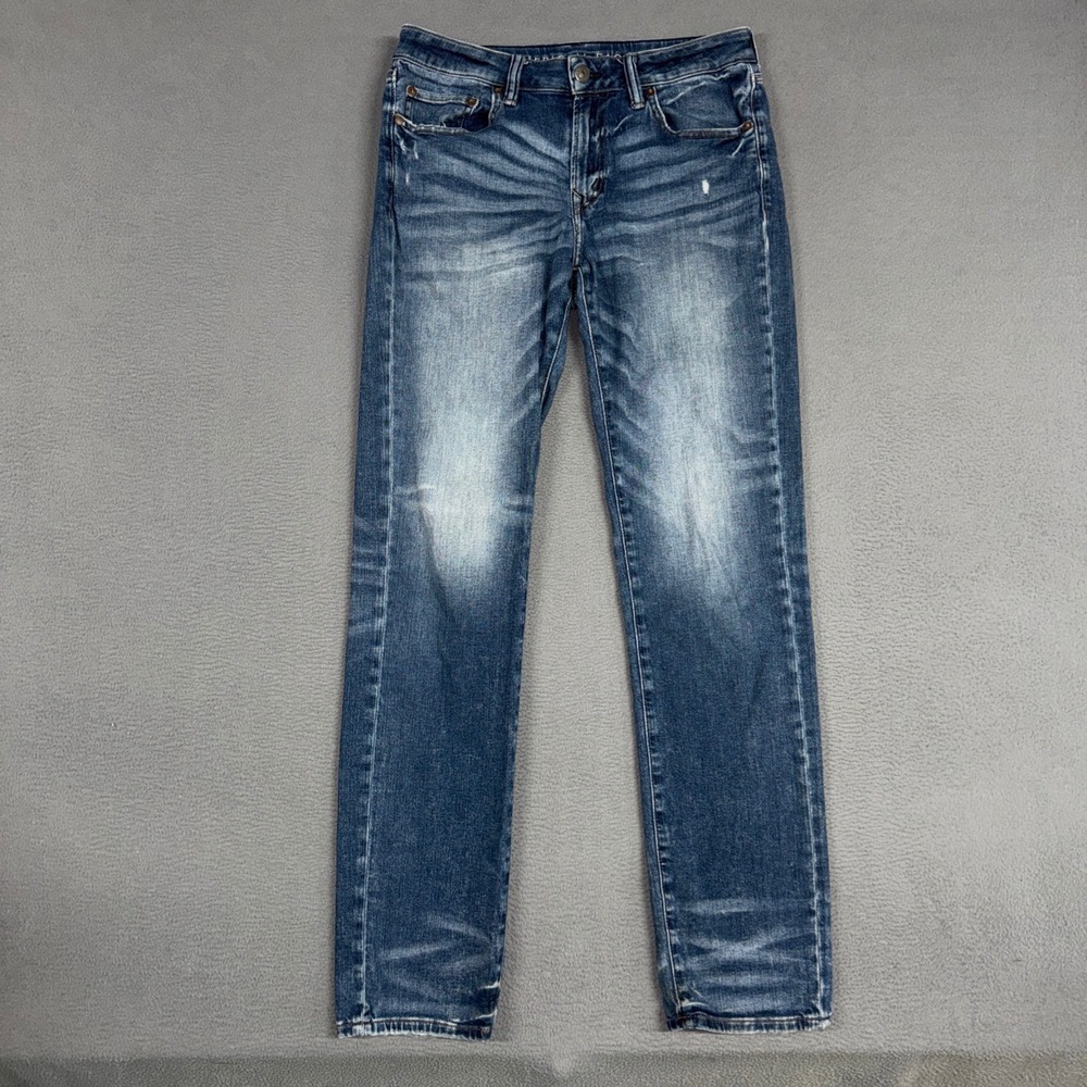 American Eagle Jeans Mens 32x36 (Fits 32x34) Blue Slim Straight Distressed Denim